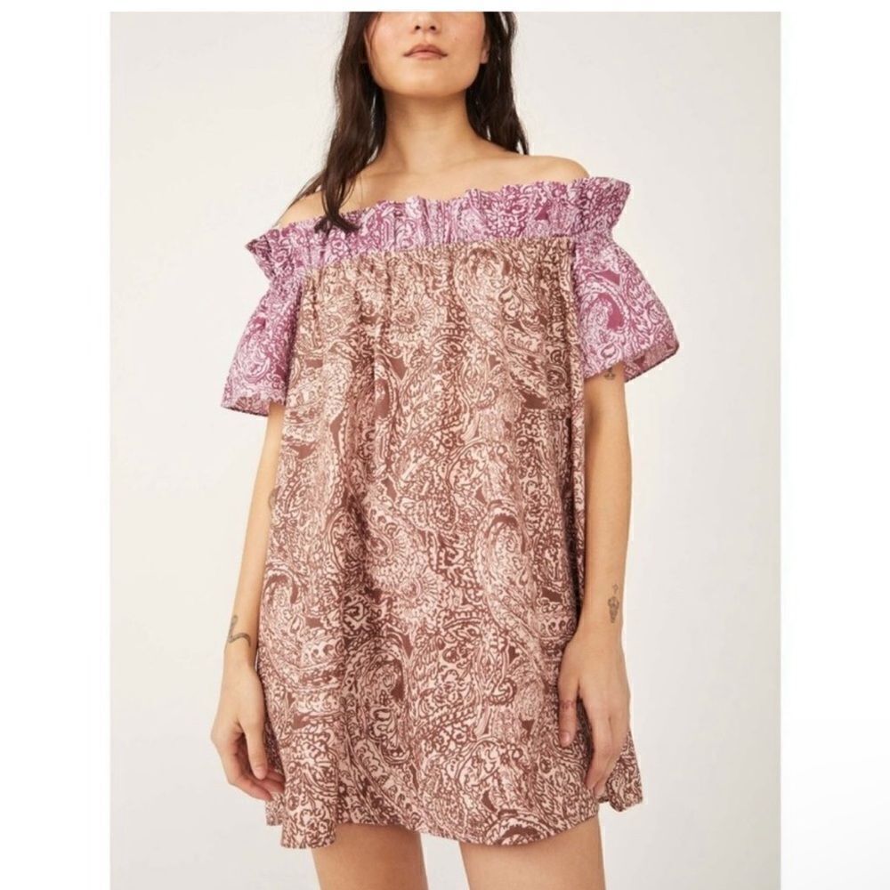 Free‎ People Sophie Printed Dress Off-The-Shoulder Light Combo NEW Size Large